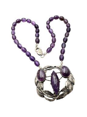 Womens Necklace Sterling Silver Amethyst Artisan Leaf Design Pendant Unique